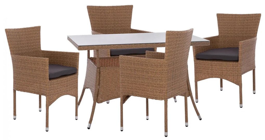 Dining Set 5-Piece Table 120x70 &amp; Wicker Rattan Beige Brown Armchairs