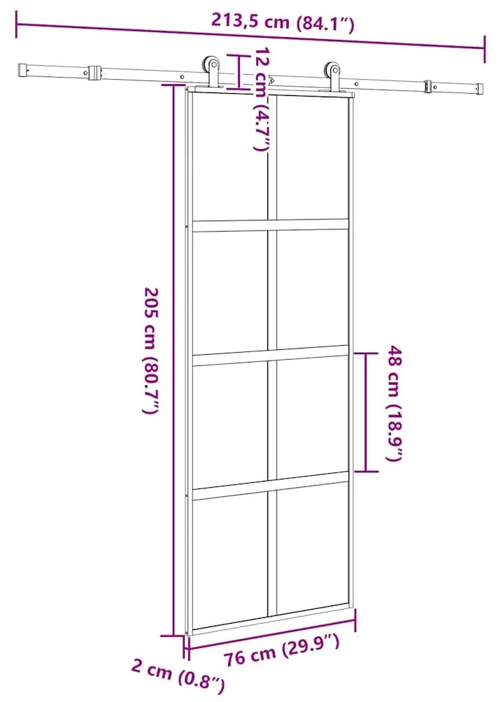 Συρόμενη πόρτα με σετ υλικού 76x205 cm από γυαλί&amp;Αλουμίνιο - Μαύρο