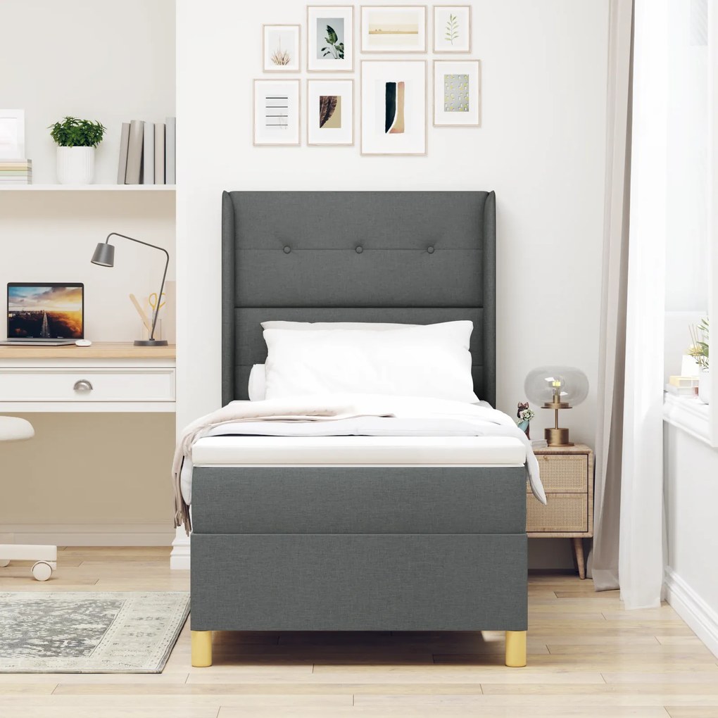 vidaXL Κρεβάτι Box Spring με Στρώμα & LED Σκούρο Γκρι 90x200 cm Υφασμάτινο