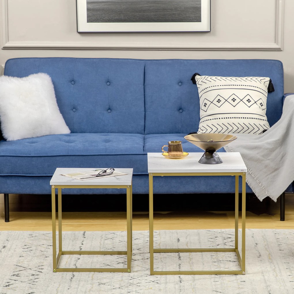 HOMCOM Σετ 2 Τραπεζάκια Σαλονιού, Στοιβαζόμενα Τραπεζάκια, Επιφάνεια σε Όψη Μαρμάρου, Χρυσό + Λευκό