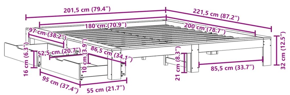 Σκελετός Κρεβατιού Χωρίς Στρώμα 180x200 εκ Μασίφ Ξύλο Πεύκου - Καφέ