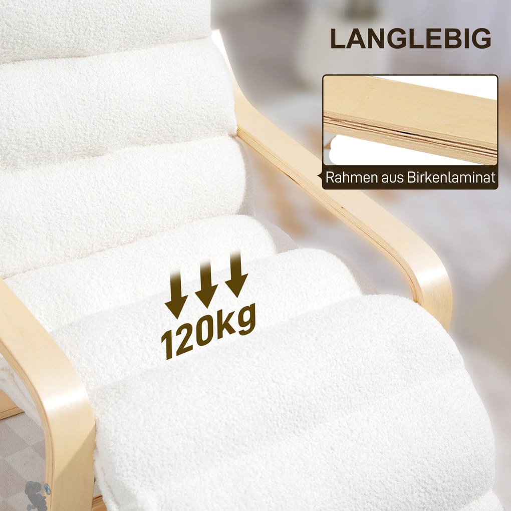 HOMCOM Πολυθρόνα Lounge από λαμινέ μπαστούνι, Πολυθρόνα με επένδυση, ρυθμιζόμενο υποπόδιο, λευκό