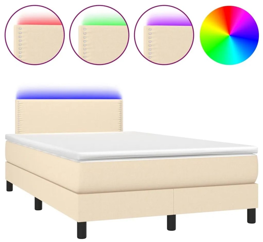 Κρεβάτι Boxspring με Στρώμα &amp; LED Κρεμ 120x200 εκ. Υφασμάτινο - Κρεμ