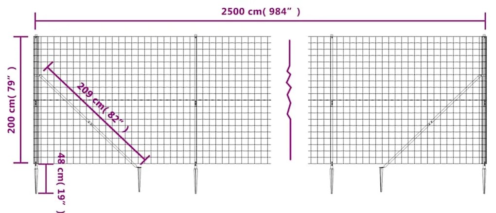 vidaXL Συρματόπλεγμα Περίφραξης Ανθρακί 2 x 25 μ. με Καρφωτές Βάσεις