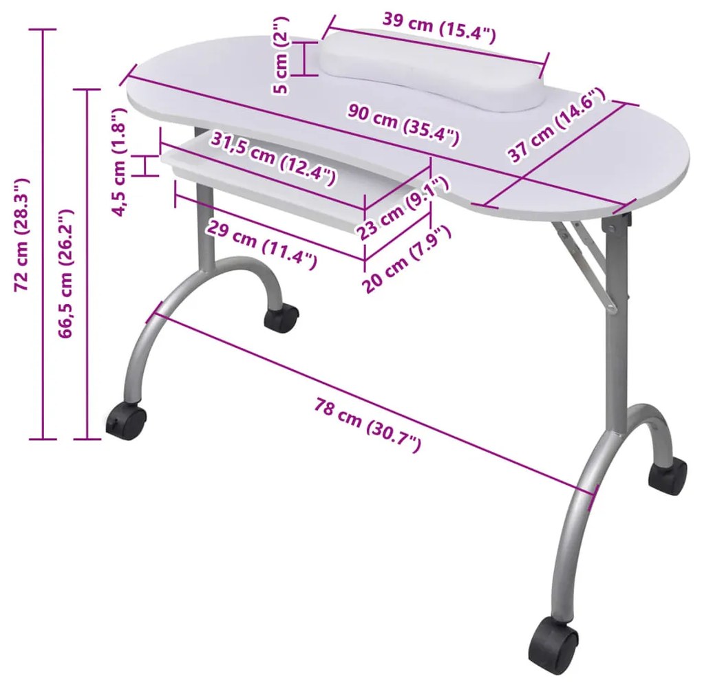 vidaXL Αναδιπλούμενο Τραπέζι Μανικιούρ με Ροδάκια Λευκό