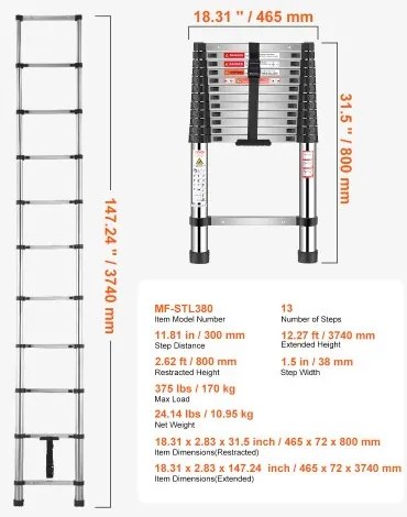 VEVOR Telescoping Ladder Stainless Steel Extension Step 12.5ft Portable Ladders