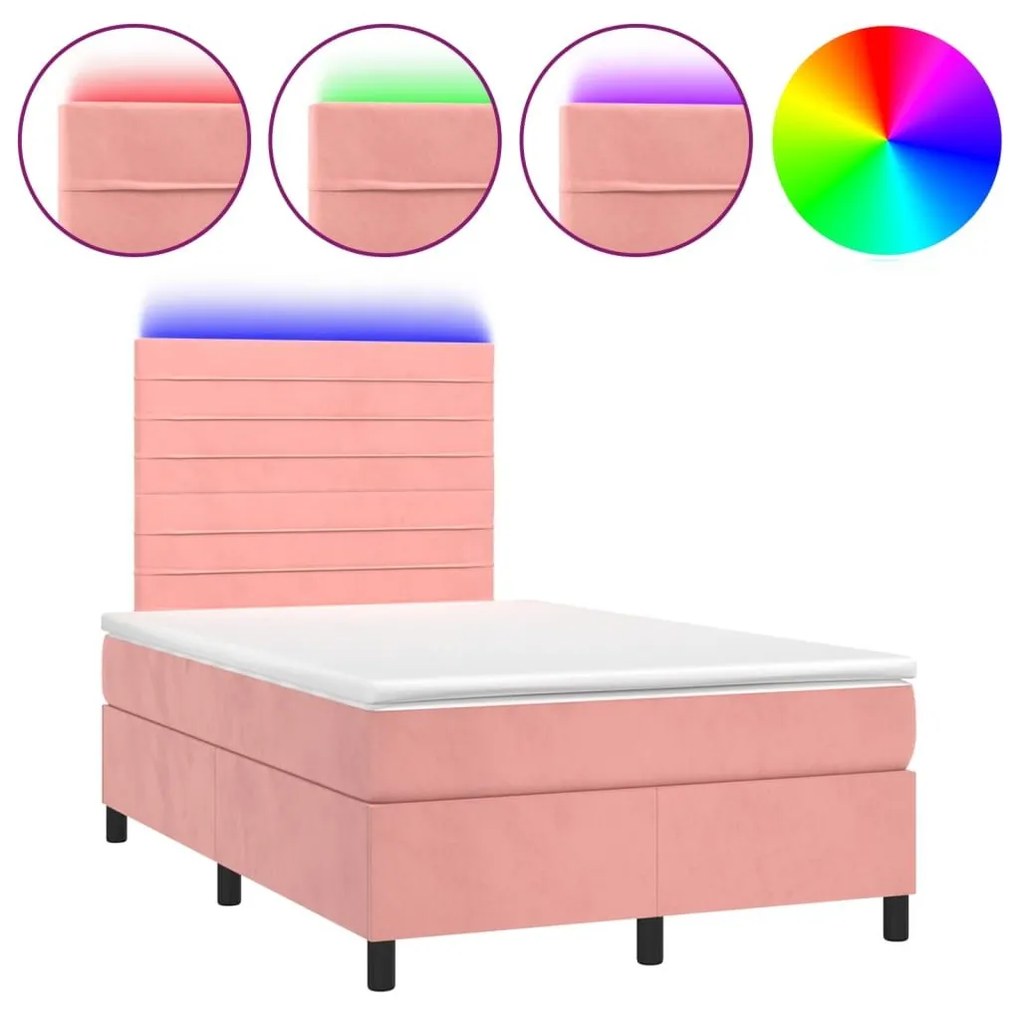 Κρεβάτι Boxspring με Στρώμα &amp; LED Ροζ 120x200 εκ. Βελούδινο - Ροζ