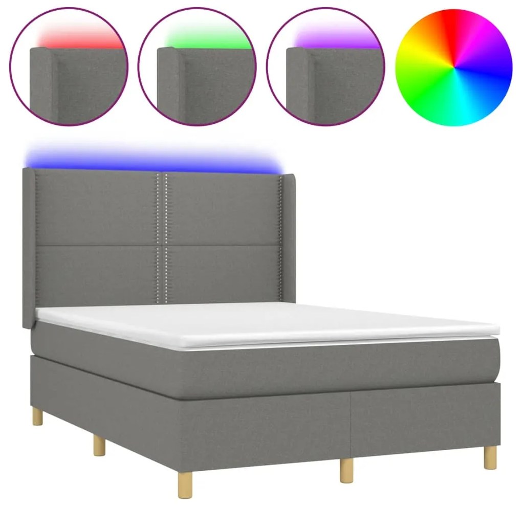 vidaXL Κρεβάτι Boxspring με Στρώμα & LED Σκ.Γκρι 140x190εκ. Υφασμάτινο