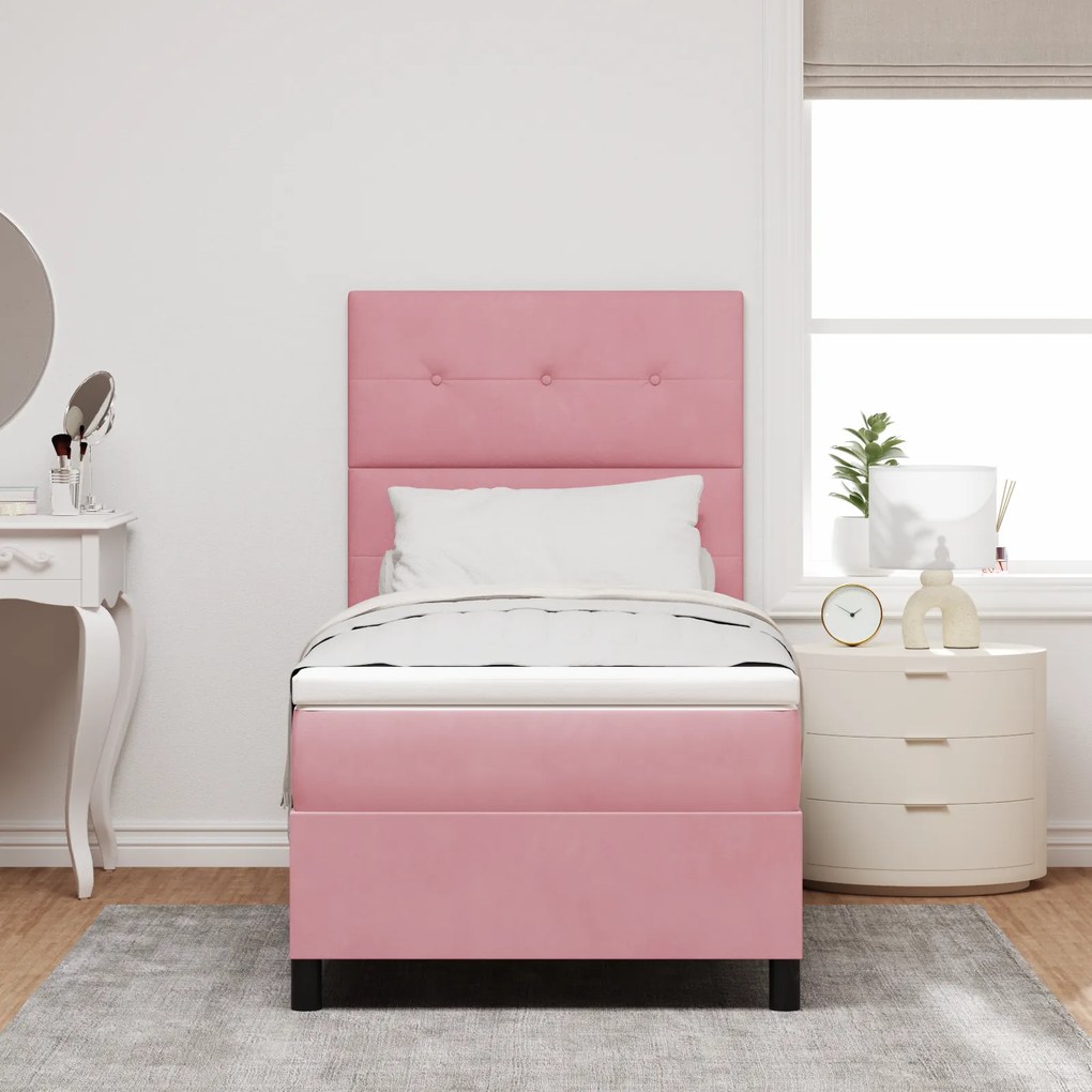 vidaXL Κρεβάτι Box Spring με Στρώμα & LED Ροζ 90x190 cm Βελούδο