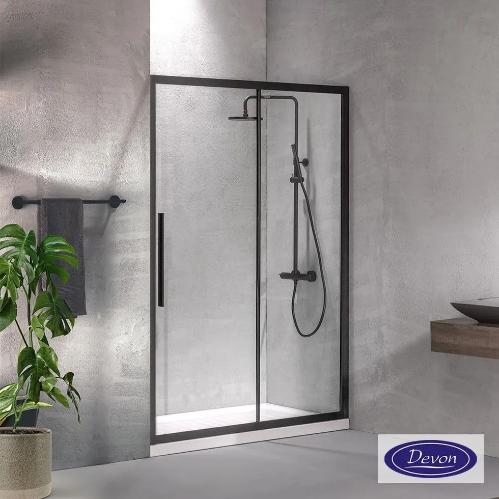 DEVON Flow Slider 1+1 Πόρτα ντουζιέρας με 1 σταθερό & 1 συρόμενο φύλλο BLACK MATT 127-131 Υ195εκ & 1Προφίλ Προέκτασης x3εκ