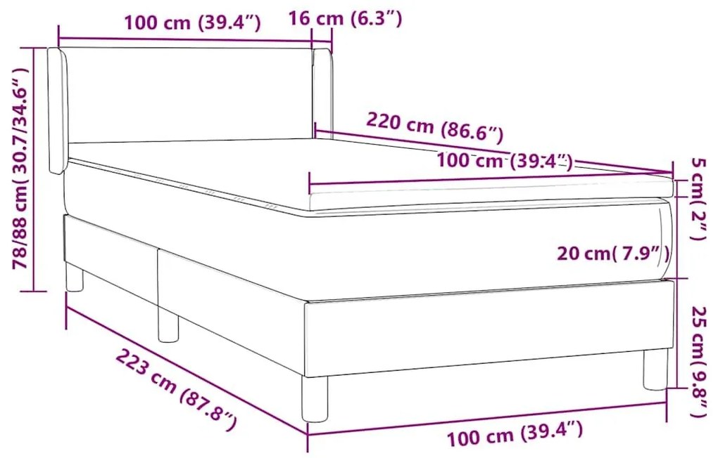 Box Spring Κρεβάτι με στρώμα Σκούρο γκρι 100x220 εκ. Βελούδινο - Γκρι