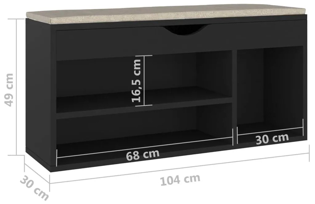 Παπουτσοθήκη Μαύρη 104 x 30 x 49 εκ. Επεξ. Ξύλο με Μαξιλάρι - Μαύρο