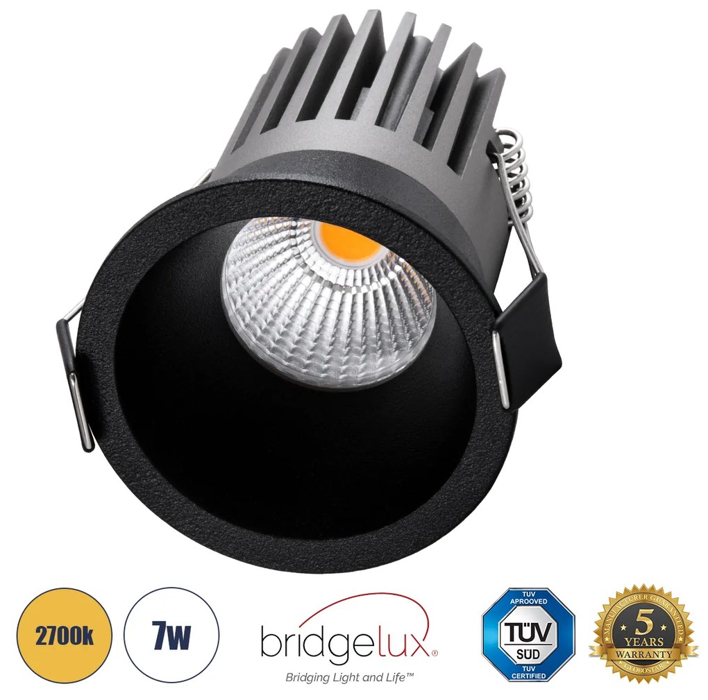 GloboStar® MICRO-B 60245 Χωνευτό LED Spot Downlight TrimLess Φ6cm 7W 875lm 38° AC 220-240V IP20 Φ6 x Υ7.8cm - Στρόγγυλο - Μαύρο - Θερμό Λευκό 2700K - Bridgelux COB - 5 Years Warranty