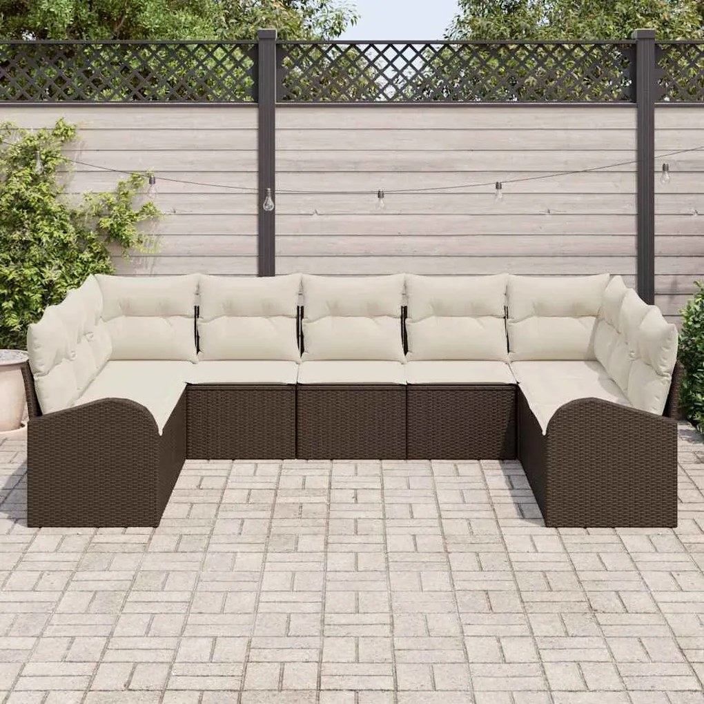 vidaXL Σετ Καναπέ Κήπου με μαξιλάρι 9 pcs Καφέ και λευκό Πολυ ράταν