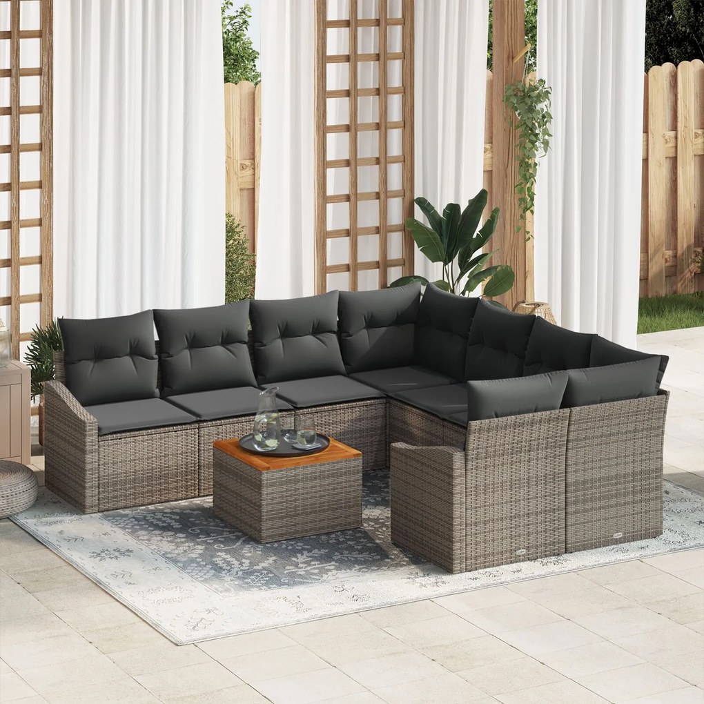 Σετ Καναπέ 9 Τεμαχίων με Μαξιλάρια Γκρι Poly Rattan Acacia