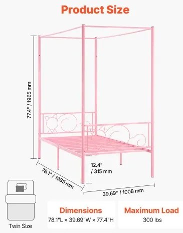 VEVOR Twin Size Canopy Bed Frame Metal Canopy Bed with Headboard &amp; Four Posters