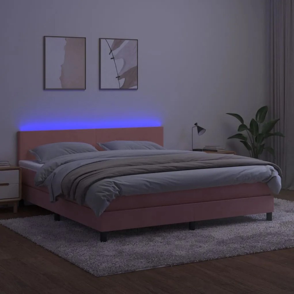 vidaXL Κρεβάτι Boxspring με Στρώμα &amp; LED Ροζ 160x200 εκ. Βελούδινο