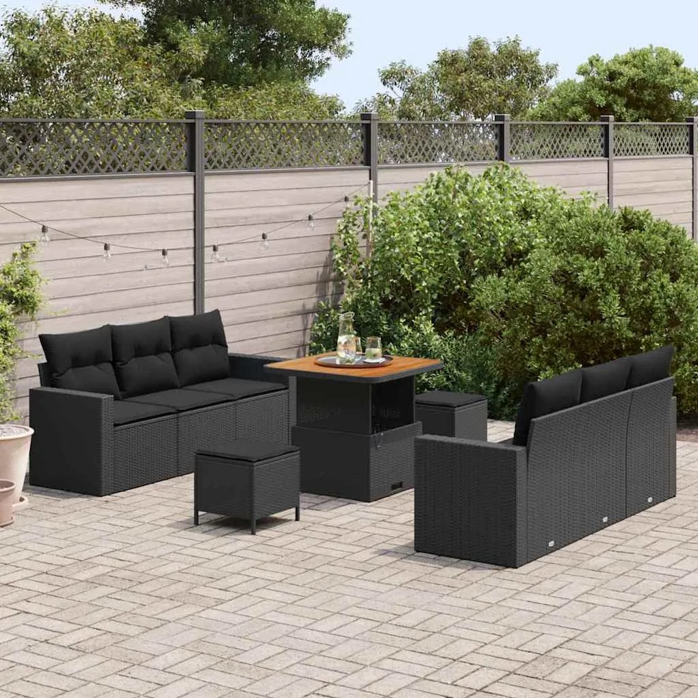 vidaXL Σετ Καναπέ Κήπου Ρυθμιζόμενο ύψος 9 pcs Μαύρο συνθετικό ρατάν