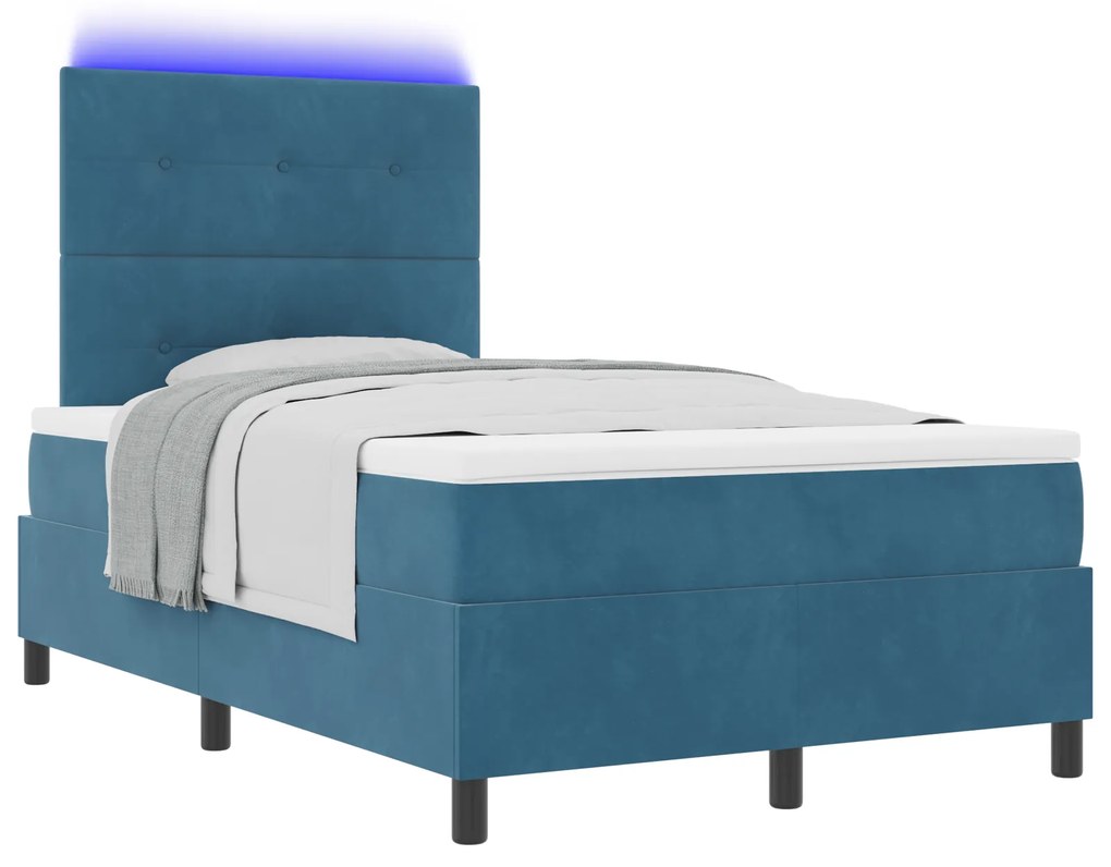 vidaXL Box Spring Bed με Στρώμα & LED Σκοτεινό Μπλε 120x200 εκ. Βελούδο