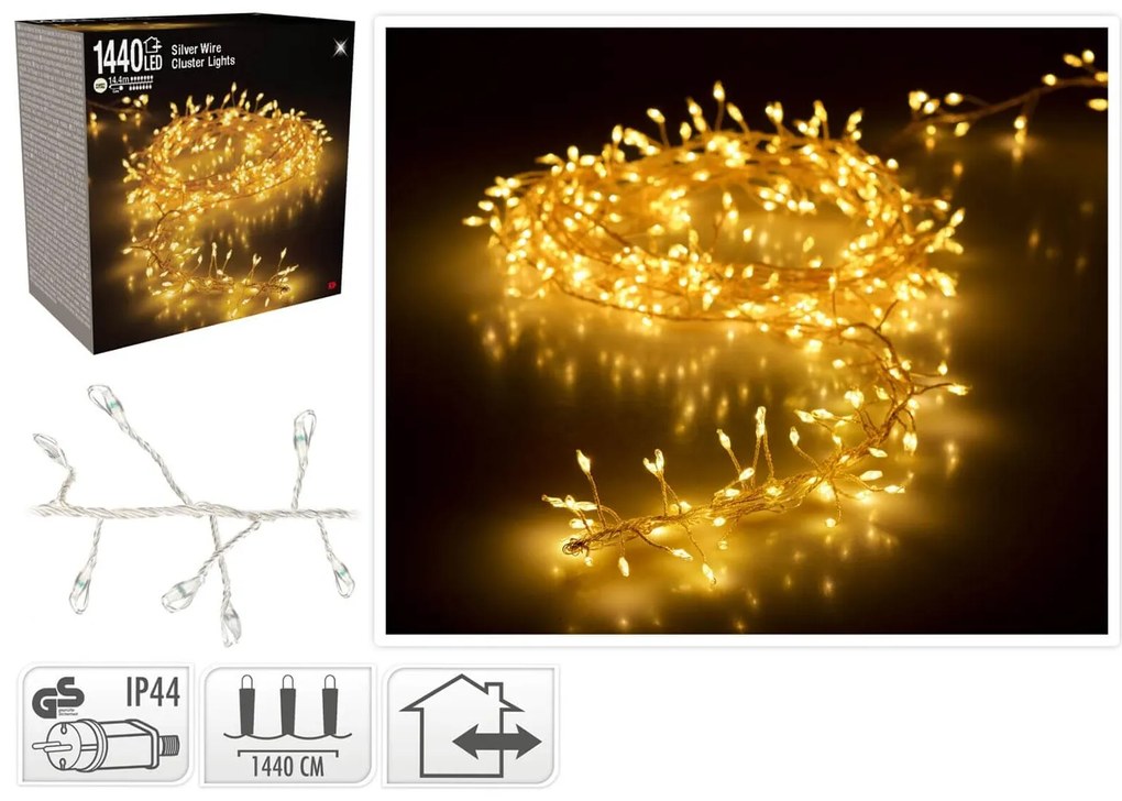 Deco 1440 Φωτάκια MicroLED - 14.4 Μέτρα + 5 Μέτρα σύνδεσης, Πυκνή Διάταξη, Ασημί συρμάτινο καλώδιο - Θερμό λευκό
