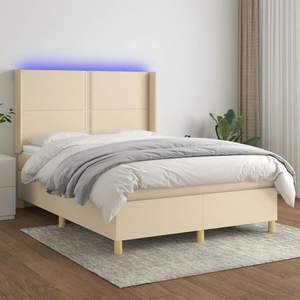 Κρεβάτι Boxspring με Στρώμα &amp; LED Κρεμ 140x200 εκ. Υφασμάτινο