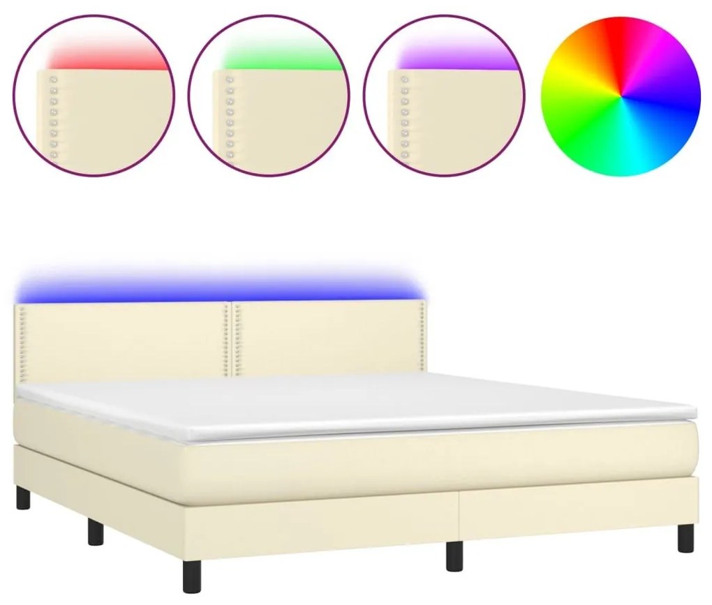 Κρεβάτι Boxspring με Στρώμα &amp; LED Κρεμ 160x200 εκ. Συνθ. Δέρμα - Κρεμ