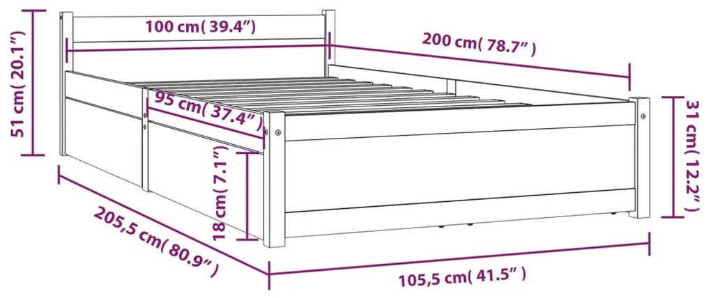 vidaXL Πλαίσιο Κρεβατιού με Συρτάρια Λευκό 100 x 200 εκ.