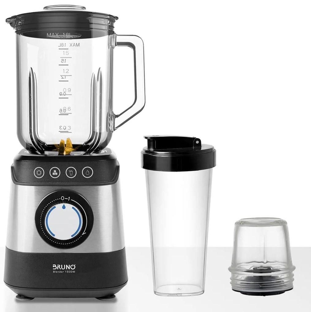 BRUNO Μπλέντερ 3 σε 1 προηγμένων λειτουργιών, BRN-0254, 1500W, 1.8L γυάλινη κανάτα, 6 λεπίδες, inox-