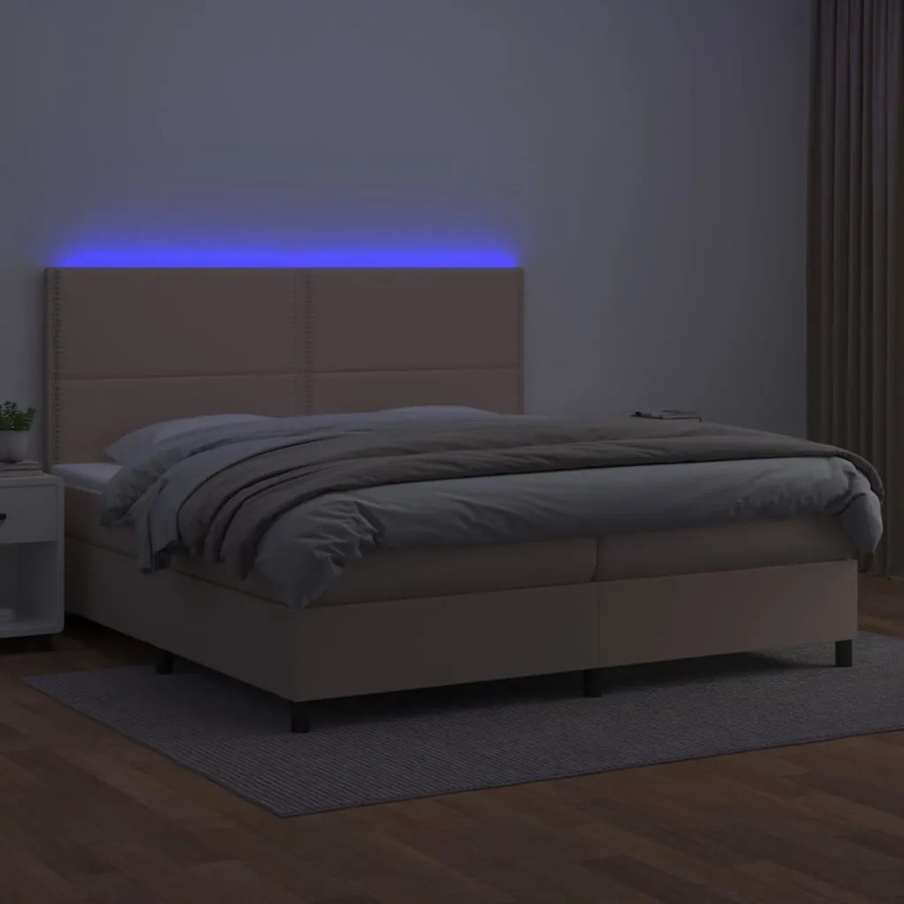 Κρεβάτι Boxspring Στρώμα&amp;LED Καπουτσίνο 200x200 εκ. Συνθ. Δέρμα - Καφέ