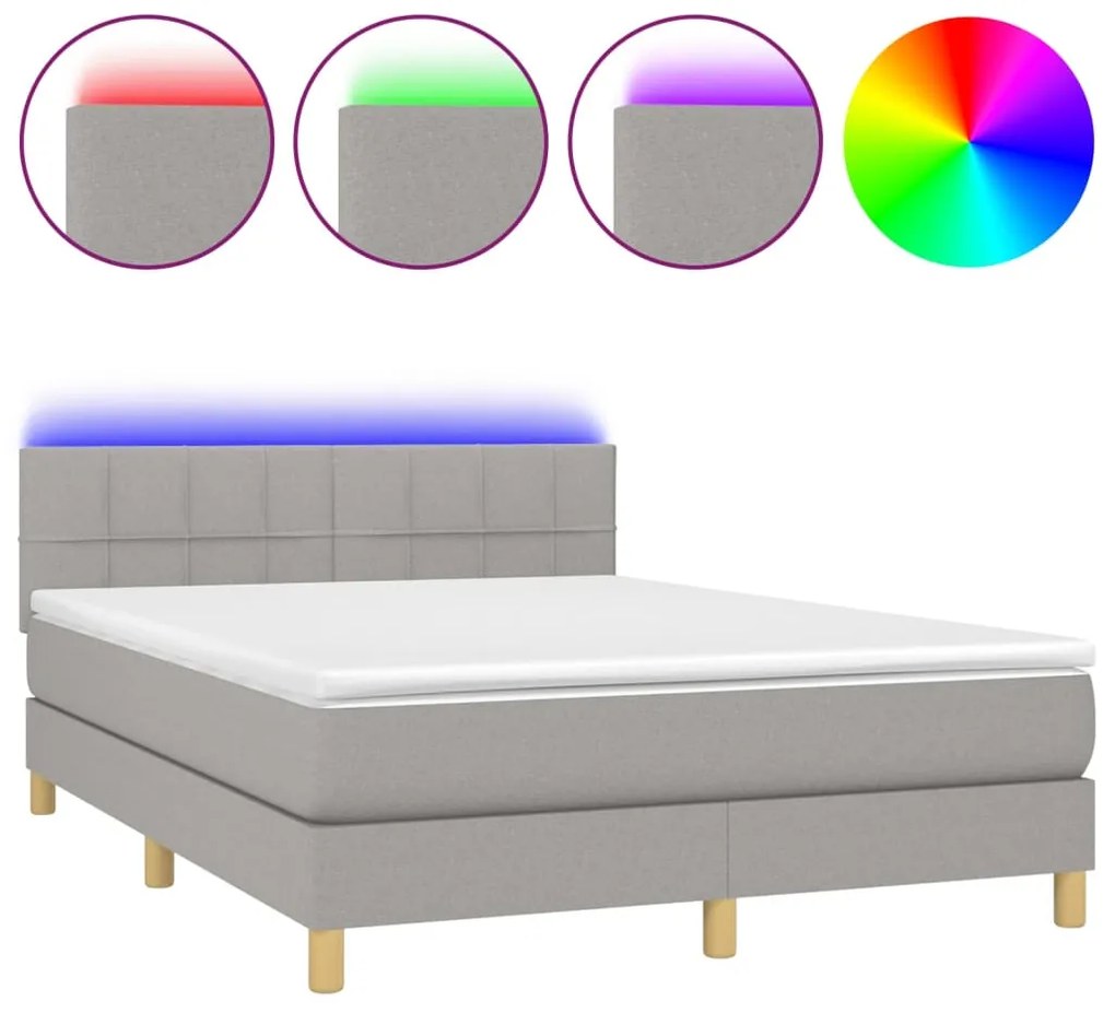 vidaXL Κρεβάτι Boxspring με Στρώμα & LED Αν.Γκρι 140x200 εκ Υφασμάτινο