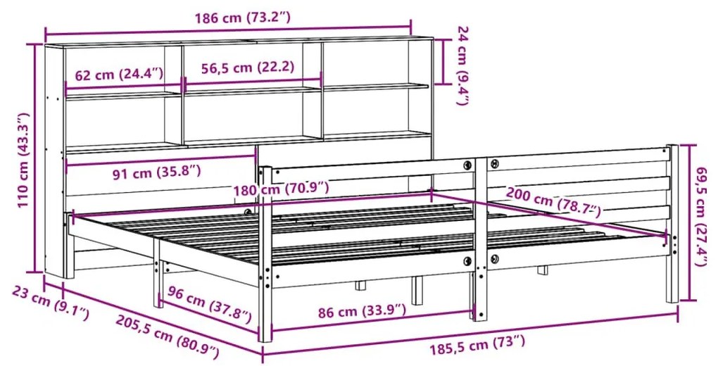 Κρεβάτι Βιβλιοθήκη Χωρίς Στρώμα Καφέ 180x200 εκ Μασίφ Πεύκο - Καφέ