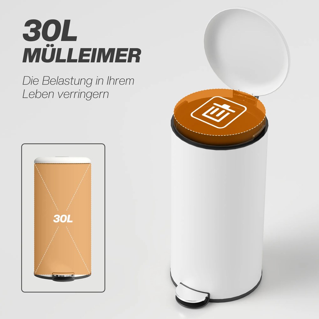 HOMCOM Κάδος απορριμμάτων 30L, κάδος με πεντάλ, κλειδαριά καπακιού, πεντάλ, ανθεκτικό σε λεκέδες, κρεμώδες λευκό