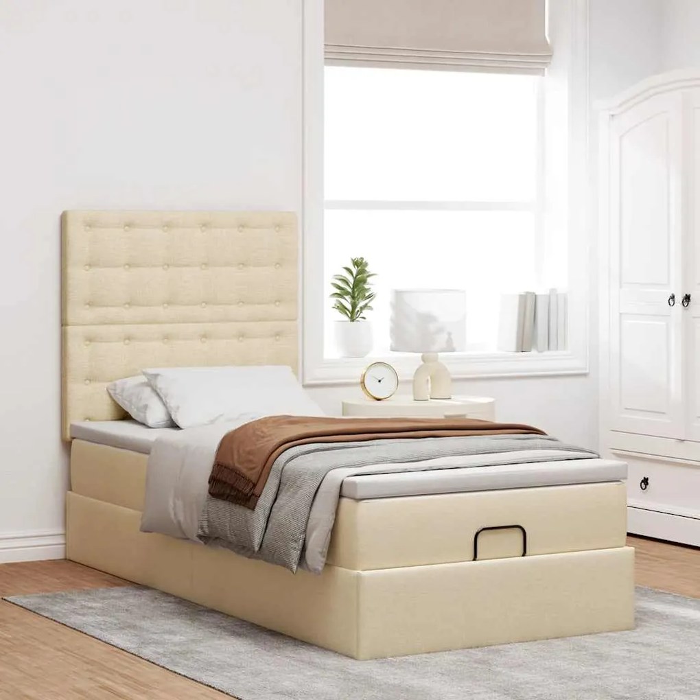 vidaXL Οθωμανικό κρεβάτι με στρώμα Cream 90x190cm ύφασμα