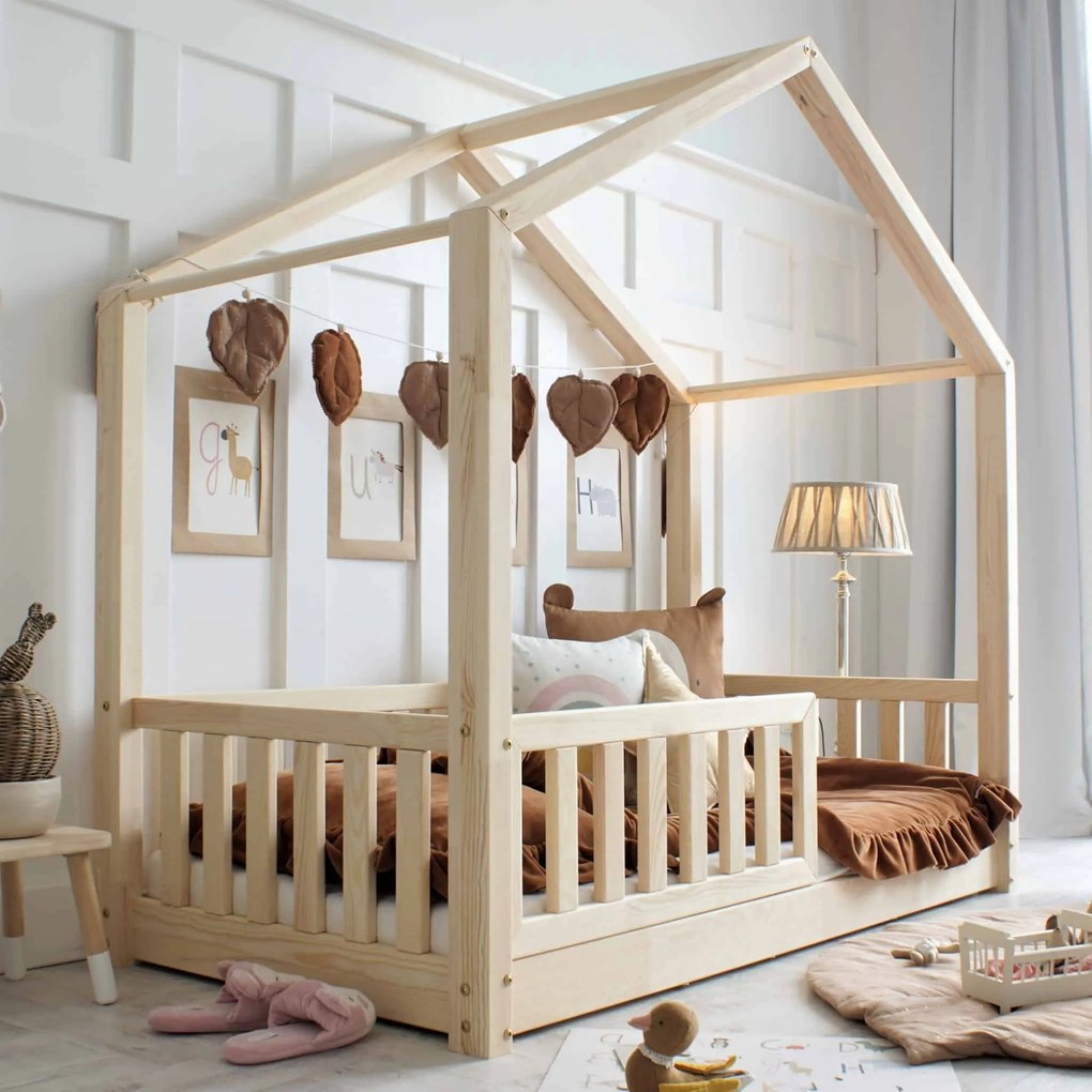 Κρεβάτι Παιδικό Montessori House Bed με κάγκελα 30cm σε Φυσικό  Ξύλο  90×190cm  Luletto (Δώρο 10% έκπτωση στο Στρώμα)