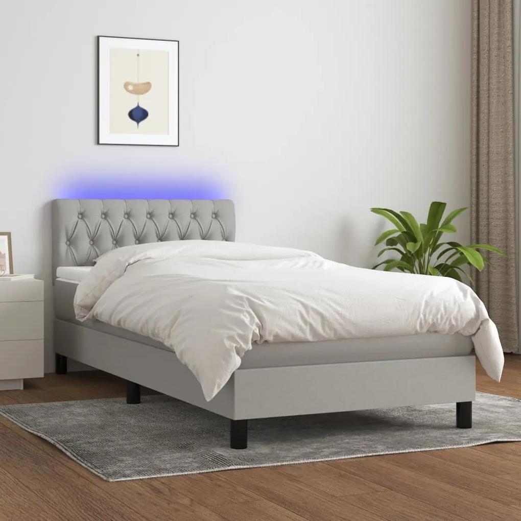 vidaXL Κρεβάτι Boxspring με Στρώμα & LED Αν.Γκρι 90x190 εκ. Υφασμάτινο