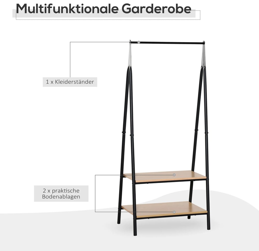 HOMCOM Στάντ παλτό, κρεμάστρα με ράφι παπουτσιών, βάση ρούχων από μέταλλο + ξύλο μαύρο + φυσικό 64 x 42,5 x 149 cm