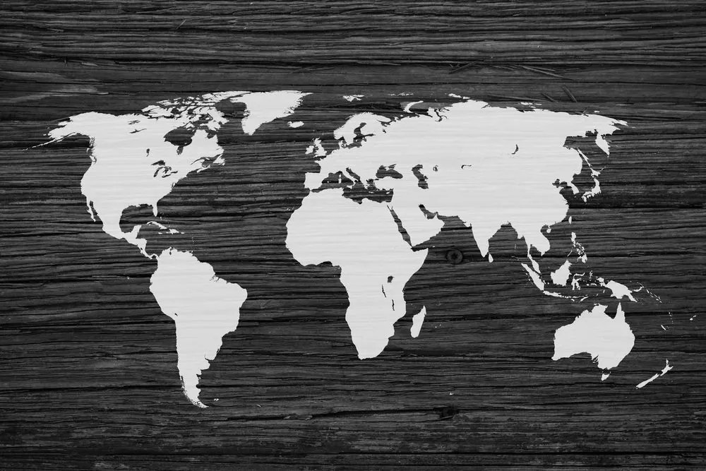 Εικόνα του παγκόσμιου χάρτη σε ξύλο σε μαύρο & άσπρο - 60x40