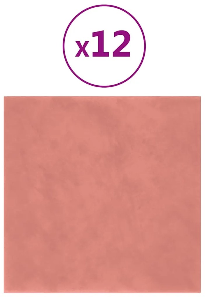 vidaXL Πάνελ Τοίχου 12 τεμ. Ροζ 30 x 30 εκ. 1,08 μ² Βελούδινα