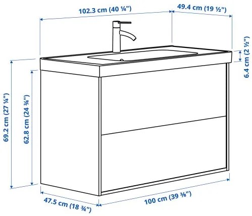 TANNFORSEN/ORRSJON βάση νιπτήρα με συρτάρια/νιπτήρα/μπαταρία, 102x49x69 cm 895.213.32