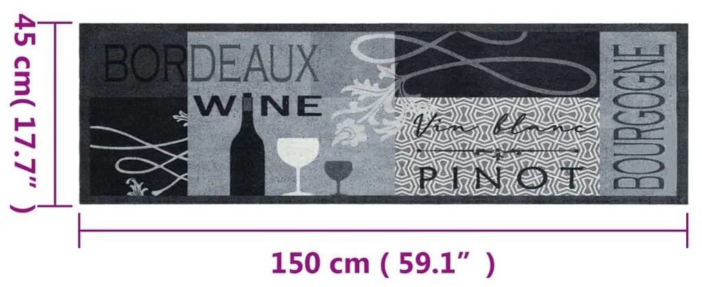 vidaXL Χαλί Κουζίνας Πλενόμενο Γκρι Επιγραφή Wine 45x150 εκ. Βελούδο