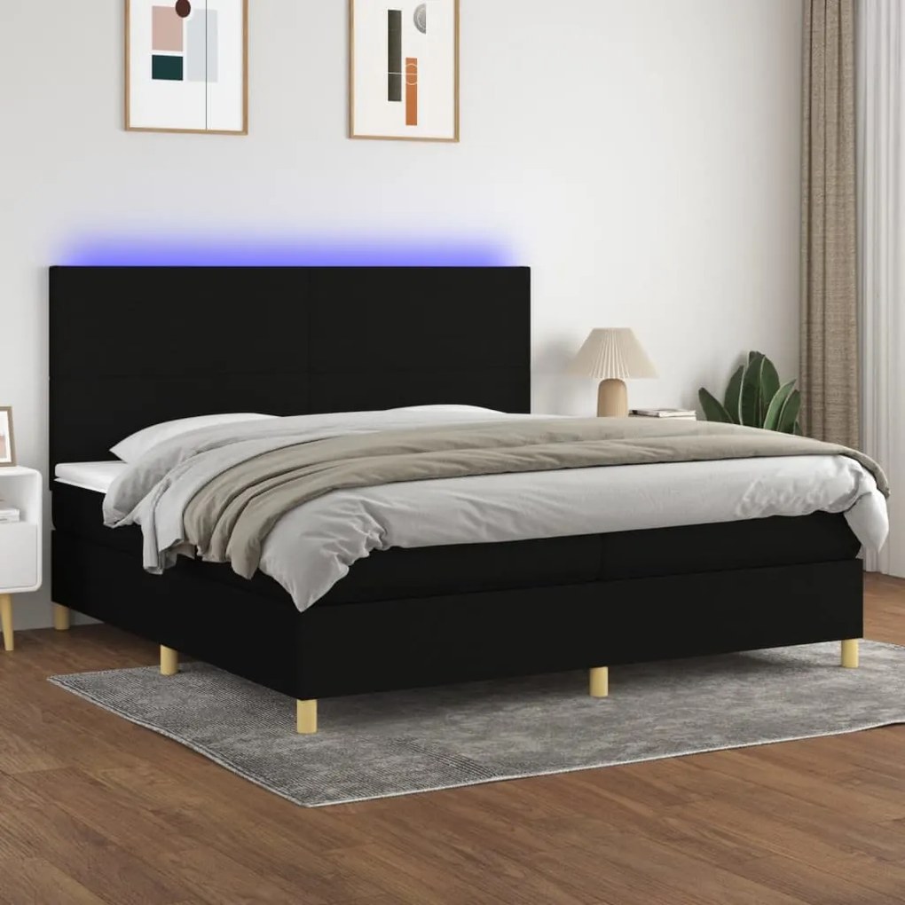 Κρεβάτι Boxspring με Στρώμα & LED Μαύρο 200x200 εκ. Υφασμάτινο