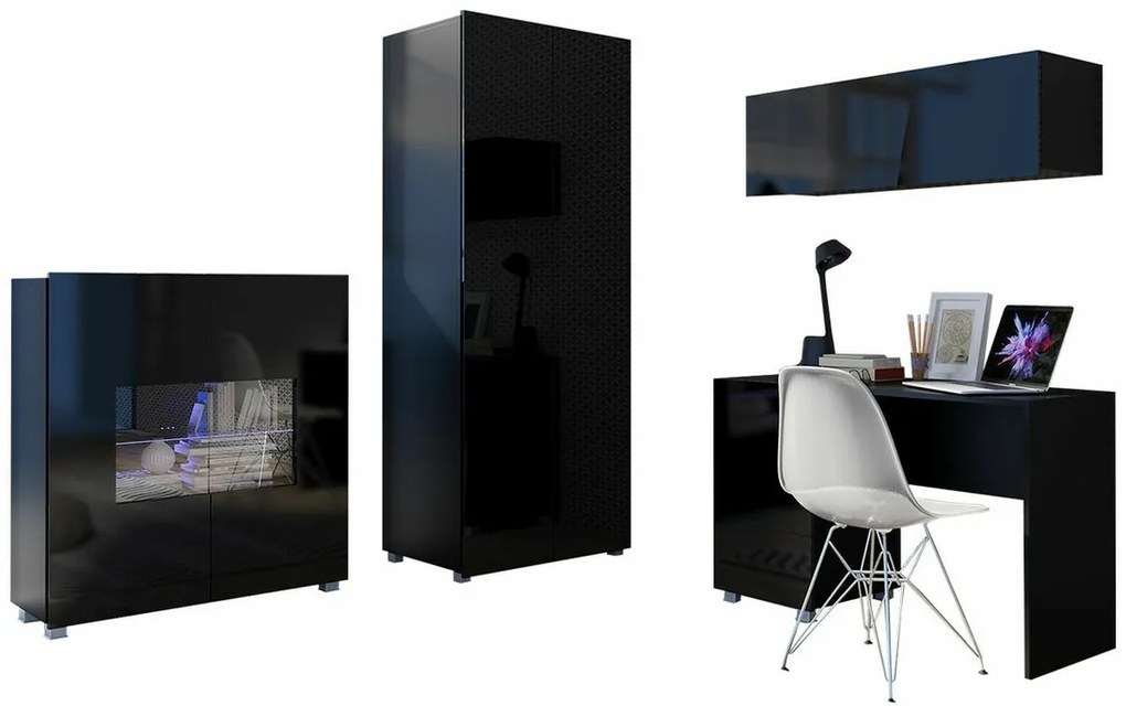 Σετ επίπλων Providence B156, 200x52cm, 143 kg, Μαύρο, Γυαλιστερό μαύρο, Πλαστικοποιημένη μοριοσανίδα, Επεξεργασμένο γυαλί, Στυλ: Μοντέρνο | Epipla1.gr