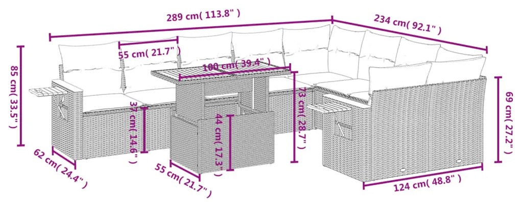 vidaXL Σαλόνι Κήπου Σετ 10 Τεμαχίων Μαύρο Συνθετικό Ρατάν με Μαξιλάρια