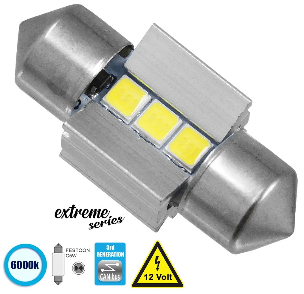 GloboStar® 81336 Λάμπα Αυτοκινήτου 28mm FESTOON - C5W 3rd Generation Can-Bus Extreme Series LED 3 SMD 3030 3W 450lm 120° DC 12V IP20 Ψυχρό Λευκό 6000K