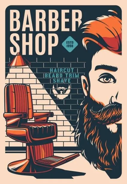 Εικονογράφηση Barbershop retro poster, barber shop beard shaving, seamartini