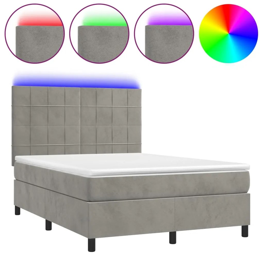 vidaXL Κρεβάτι Boxspring με Στρώμα &amp; LED Αν.Γκρι 140x200 εκ. Βελούδινο