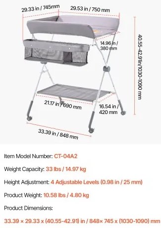 VEVOR Foldable Baby Changing Diaper Station with Side Basket &amp; Wheels Light Gray