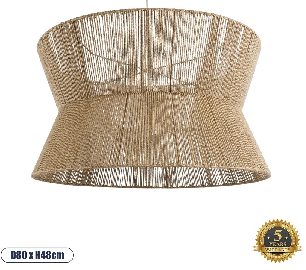 02205 GloboStar®  BISBEE 02205 Boho Κρεμαστό Φωτιστικό Καπέλο Μονόφωτο 1 x E27 IP20 Μπεζ Σχοινί - Μ80 x Π80 x Υ48cm