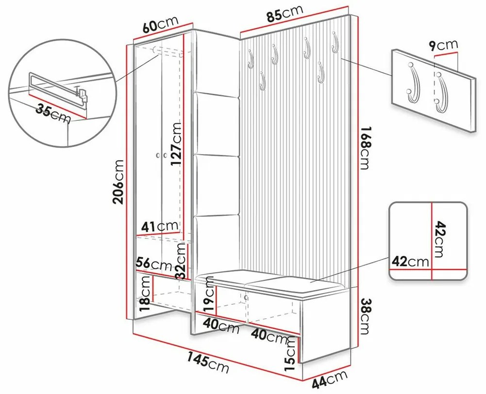 Σετ διαδρόμου Hartford 320, 206x145x44cm, 76 kg, Γκρι, Artisan βελανιδιά, Ταπισερί, Πλαστικοποιημένη μοριοσανίδα, Εντοιχισμένη | Epipla1.gr