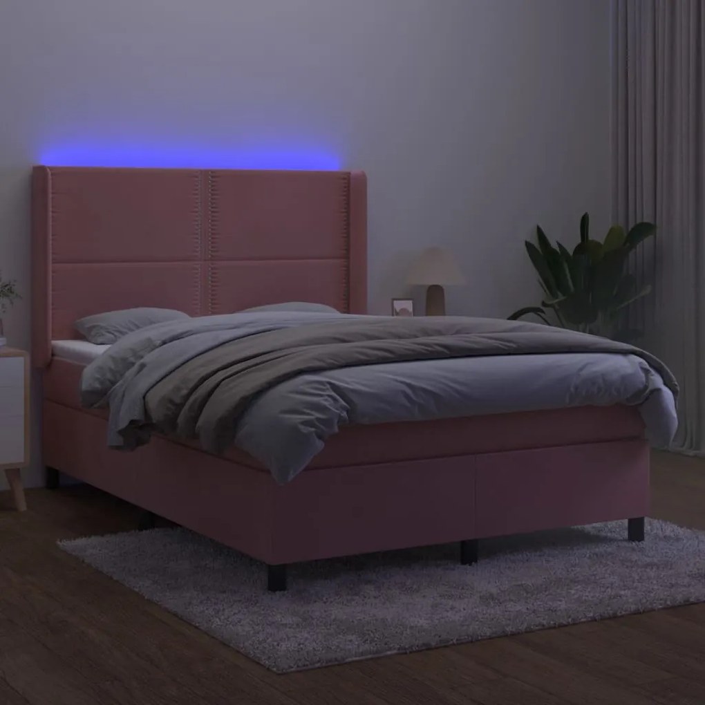 vidaXL Κρεβάτι Boxspring με Στρώμα & LED Ροζ 140x190 εκ. Βελούδινο